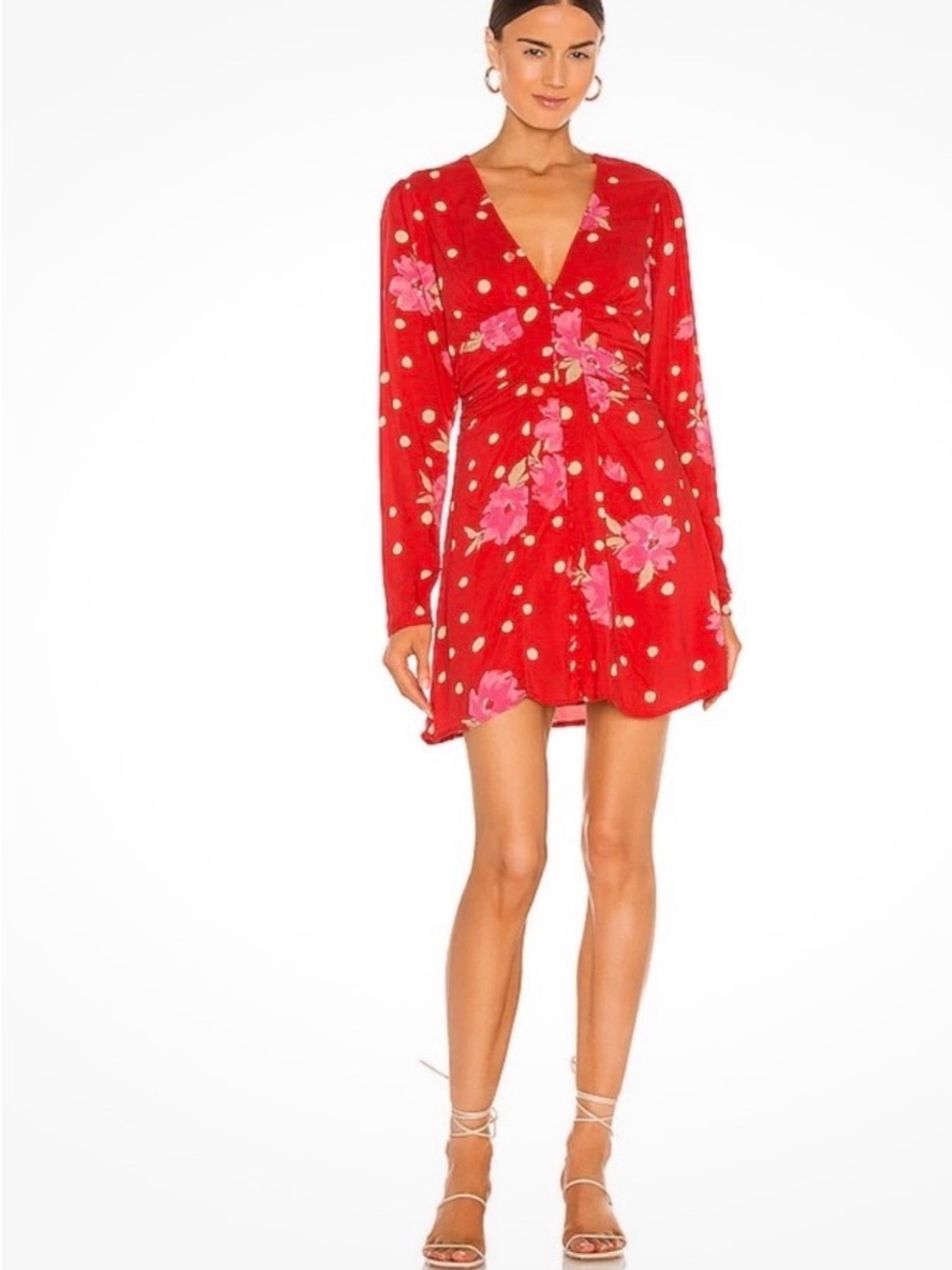 Free People Red Floral & Polka Dot Long-Sleeve Mini Dress